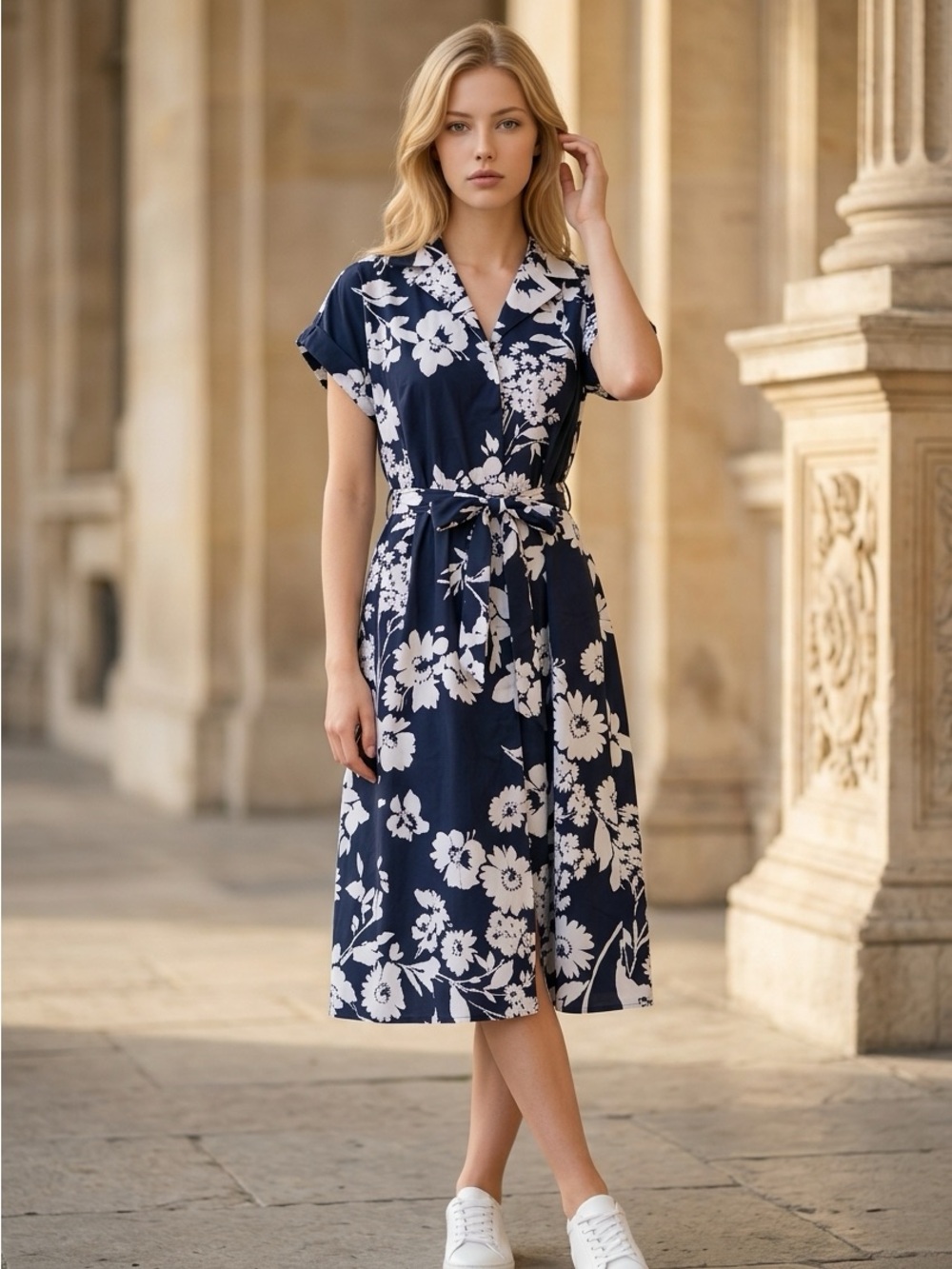 Navy Floral Midi Dress with Belt